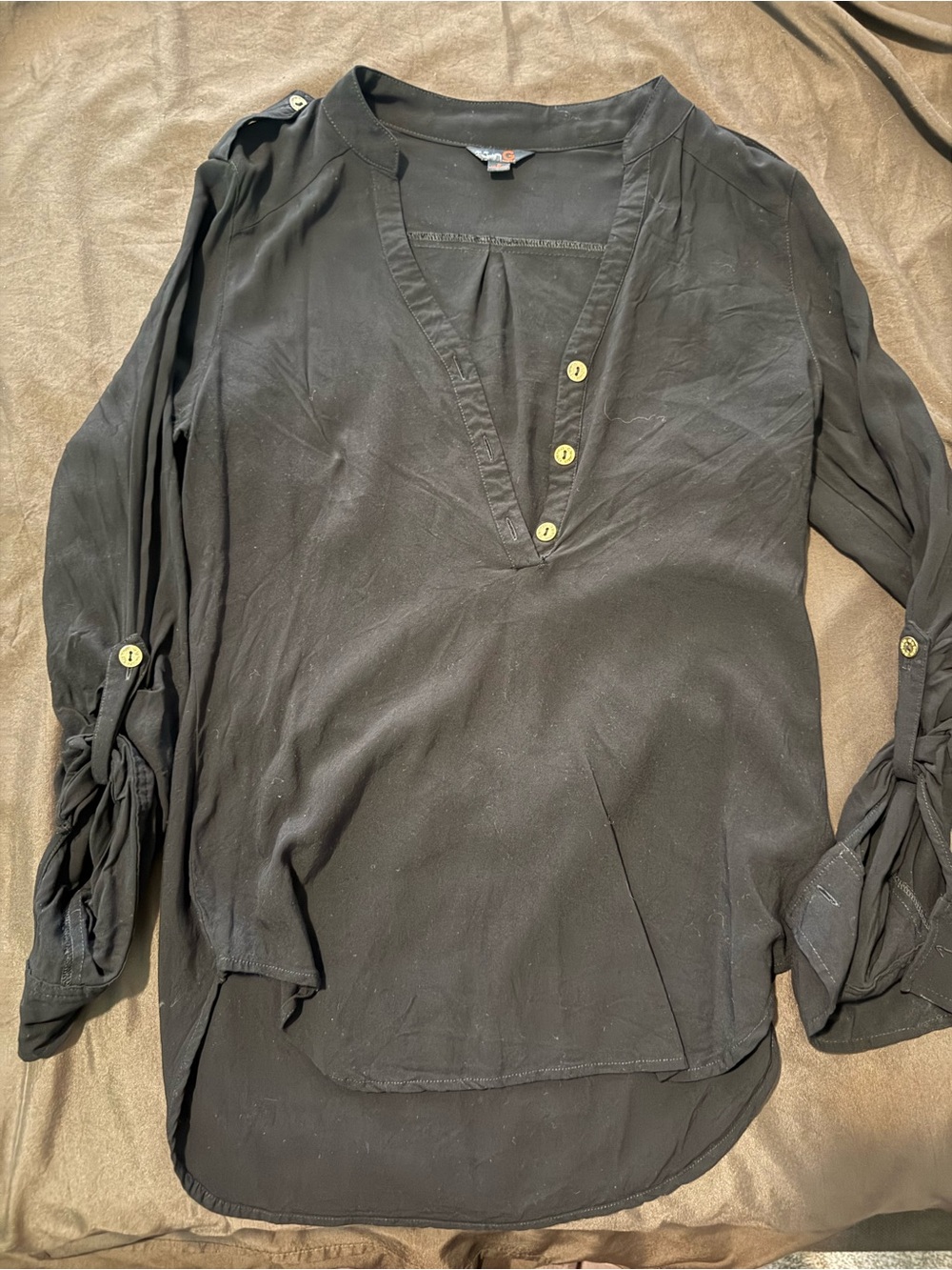 G by Guess Black V-Neck Button-Trim Long Sleeve Tunic
